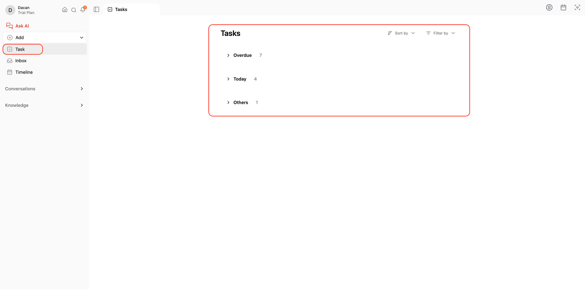 Task Section on Saner.AI